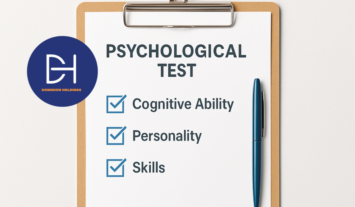 A professional clipboard with a psychological test checklist displaying cognitive ability, personality, and skills, used to promote hiring success through psychometric assessments at Dominion Psych & Wellness.