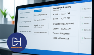 A computer screen displaying a psychometric test interface with pricing information, including Individual Cognitive Test (1,500 - 3,000 ZAR), Personality Test (2,000 - 4,000 ZAR), Group Testing (Corporate) (10,000 - 50,000 ZAR), and Team-Building Tests (5,000 - 15,000 ZAR).