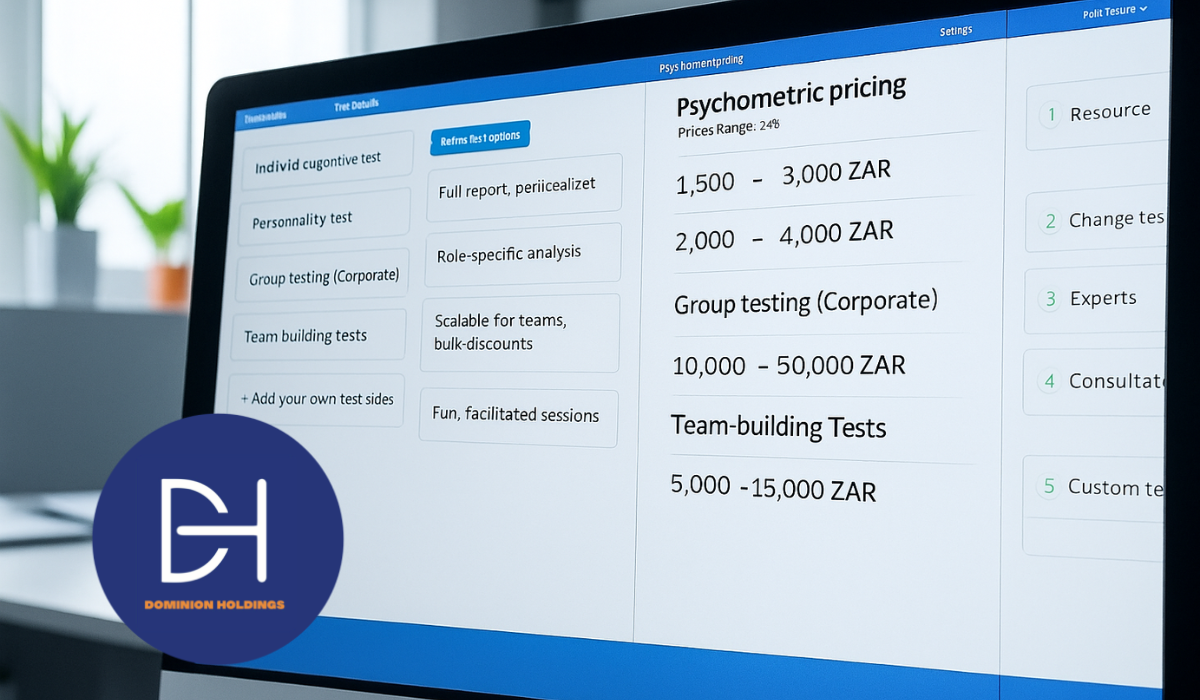 A computer screen displaying a psychometric test interface with pricing information, including Individual Cognitive Test (1,500 - 3,000 ZAR), Personality Test (2,000 - 4,000 ZAR), Group Testing (Corporate) (10,000 - 50,000 ZAR), and Team-Building Tests (5,000 - 15,000 ZAR).