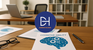 Psychometric assessments report featuring a brain and gears graphic on a modern office desk with documents, eyeglasses, and a laptop.