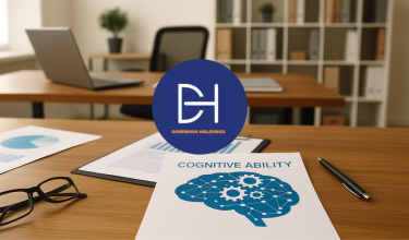 Psychometric assessments report featuring a brain and gears graphic on a modern office desk with documents, eyeglasses, and a laptop.