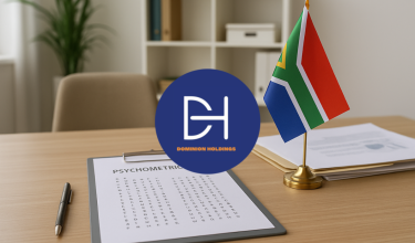 Office desk setup with psychometric assessment documents, a pen, and the South African flag displayed on a gold stand in a professional setting