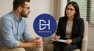 A female psychologist attentively listening and taking notes during a private session with a male client in a calm, well-lit office.