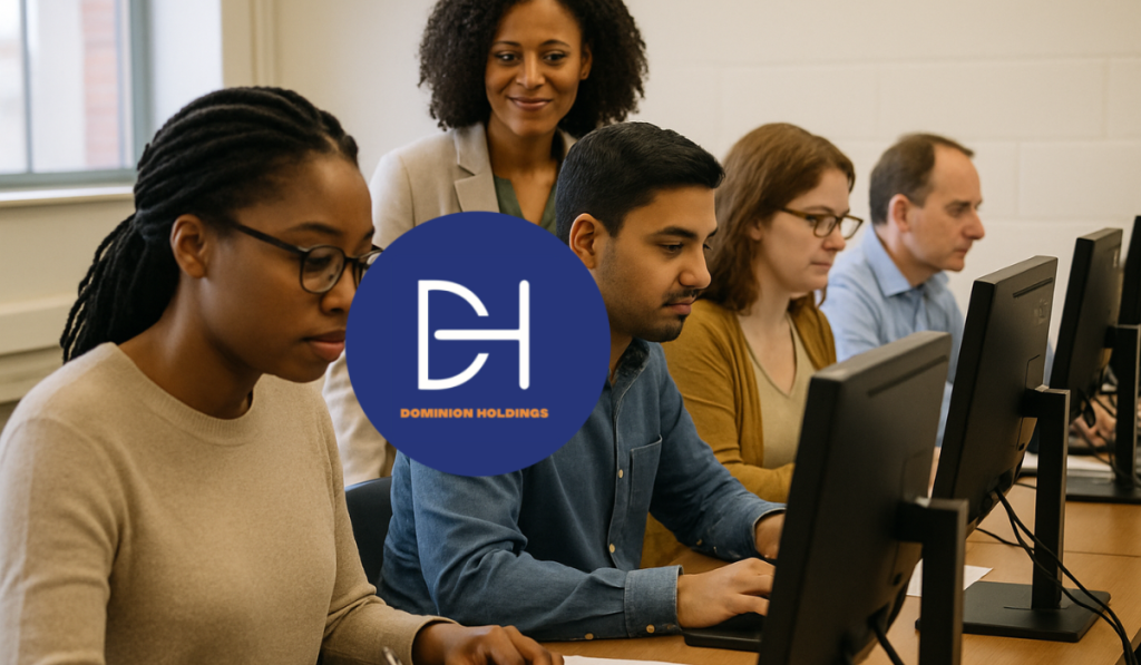 A diverse group of adults taking psychometric assessment on computers with a facilitator nearby.