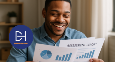 A man smiling while holding and reviewing an assessment report with charts and graphs, featuring the Dominion Holdings logo.