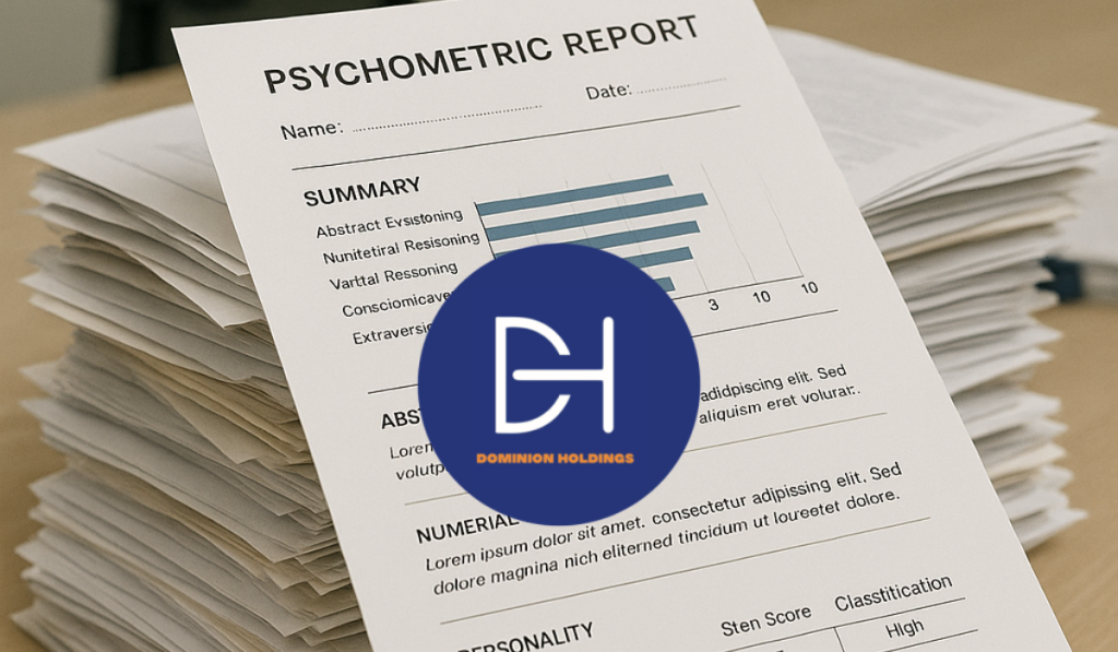 A stack of documents on an office desk with a psychometric assessment report on top, displaying charts and personality summaries.