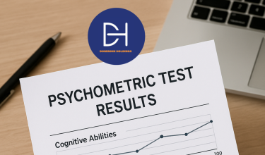 Hand holding a psychometric test results report with charts on cognitive abilities, personality traits, and job fit, placed on a wooden desk next to a laptop.